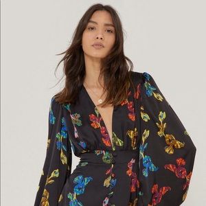 Satin Floral Balloon Sleeve Mini Dress